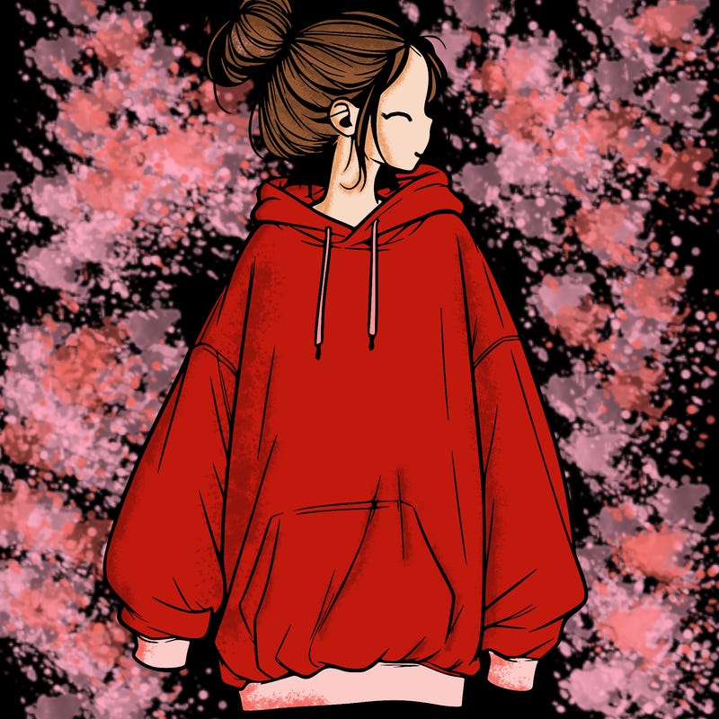 realistic girl with a oversized sweatshirt on and a bun