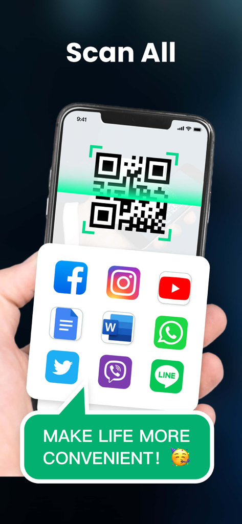 QR/Barcode Scanner for iPhone - A smartphone scanning a QR code showing links to social media and productivity apps