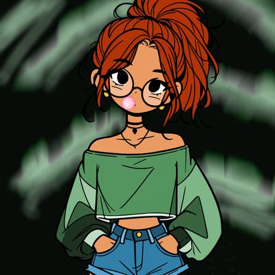 girl with a messy ponytail glasses a baggy crop top and jean shorts