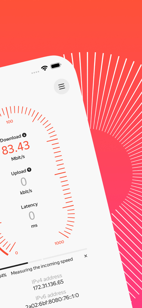 Yandex Internetometer - A mobile interface of the Yandex Internetometer app showing a download speed measurement of 83.43 Mbps