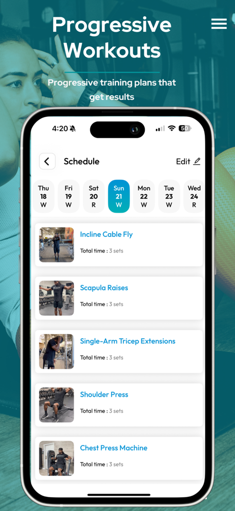 BodyRecomp: Meal & Workout - BodyRecompのモバイルアプリスクリーンショット。段階的な筋力トレーニングエクササイズの毎日のスケジュールが表示されます。