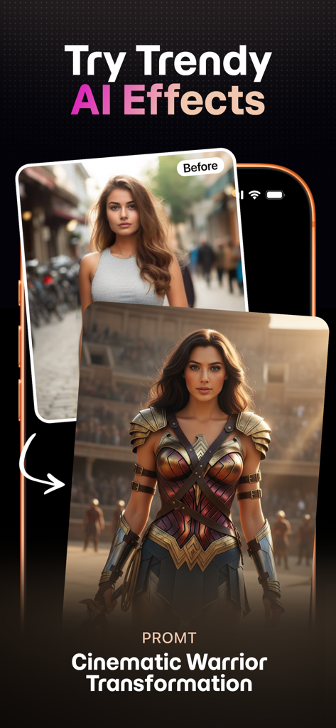 Superlook: AI Video & Photo - Comparação antes e depois mostrando uma mulher transformada em uma guerreira cinematográfica usando efeitos do Superlook AI.