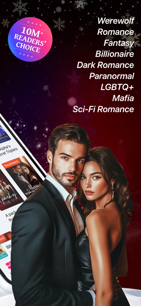 Promotional graphic for NovelFlow app featuring a romantic couple and popular fiction genres including Werewolf and Billionaire Romance.