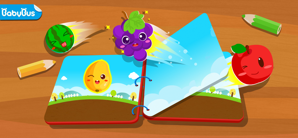Panda  Learns about Fruit - Animated fruit characters popping out of an interactive storybook for children.