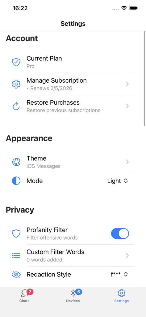 Chat Local: Offline Messaging - Chat Local app settings menu showing account management, appearance themes, and privacy filter options.