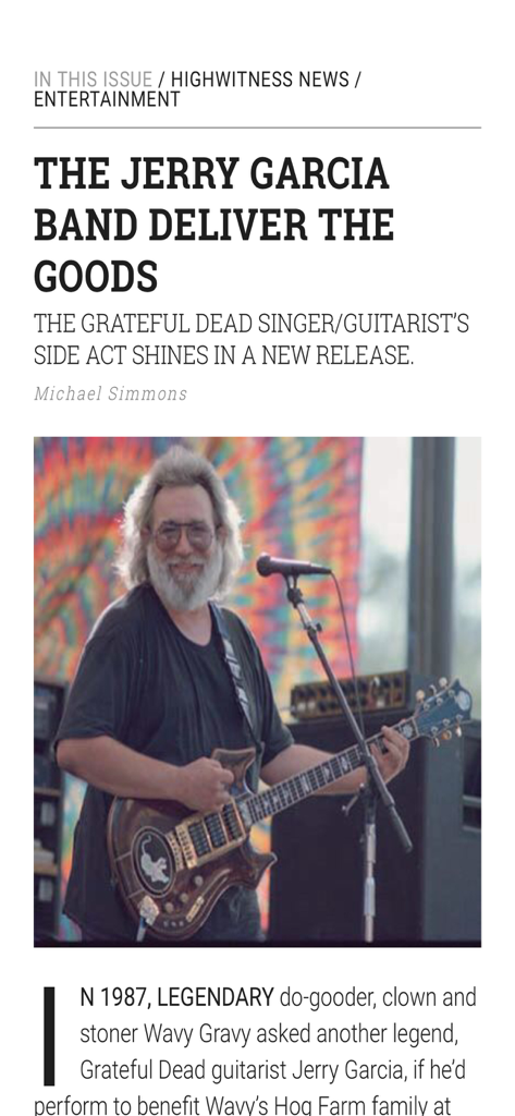 Screenshot of the High Times Magazine app showing an article about Jerry Garcia playing guitar