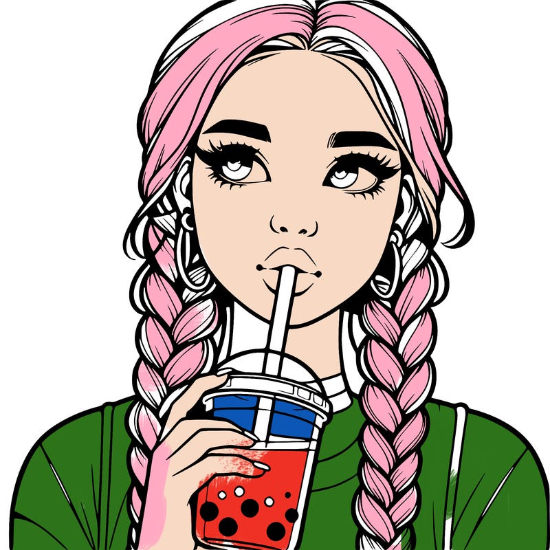 realistic girl with braided hair drinking boba