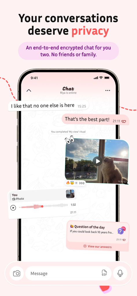 Screenshot of the Kulfi app showing a private encrypted chat interface for couples with photos and voice messages