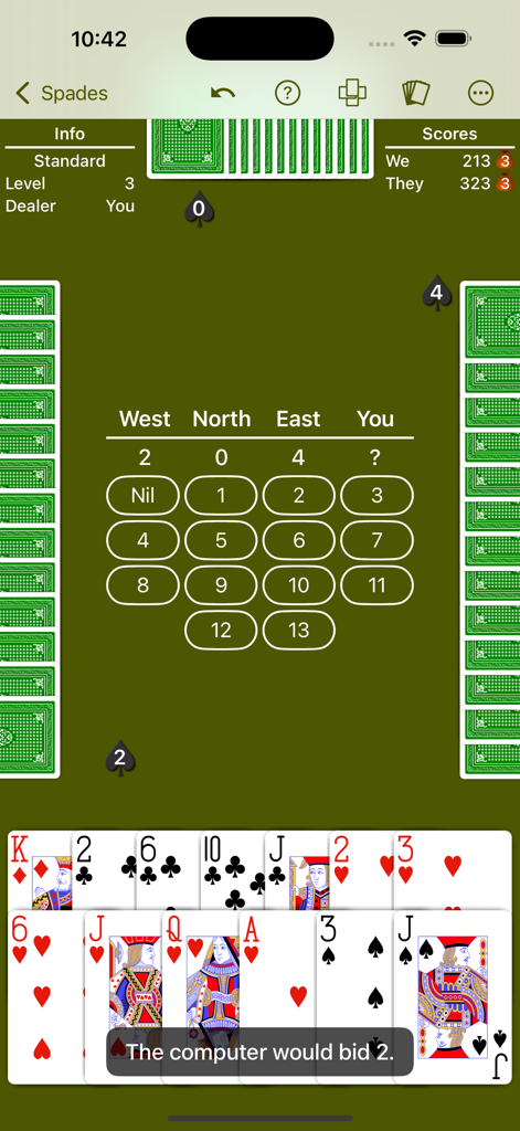 Spades - Expert AI - Spades card game bidding screen showing player cards and an AI suggestion popup