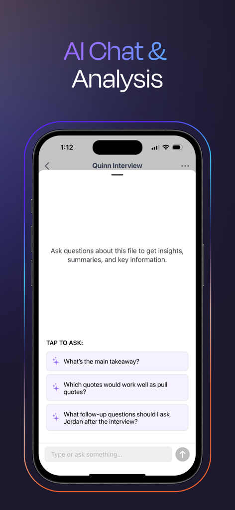 Rev: Record & Transcribe - Interface do aplicativo Rev para Chat e Análise de IA de um arquivo de transcrição