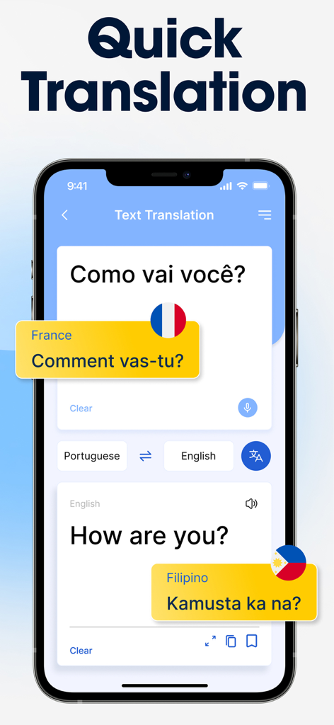 Mobile App-Oberfläche, die schnelle Textübersetzung in mehreren Sprachen anzeigt