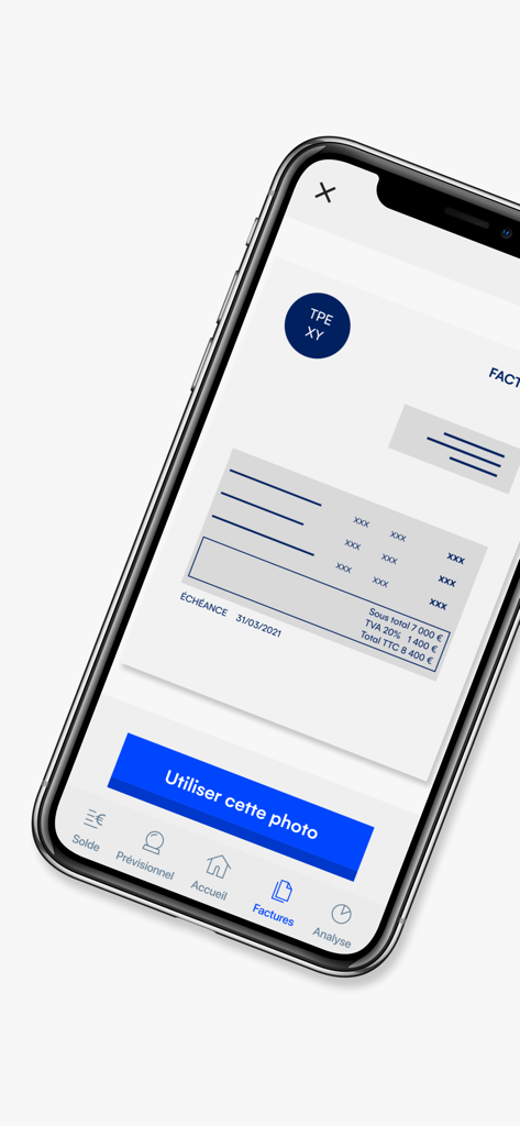 Cegid Flow - Écran de l'application mobile Cegid Flow affichant une fonction de numérisation de factures avec un bouton pour utiliser la photo capturée