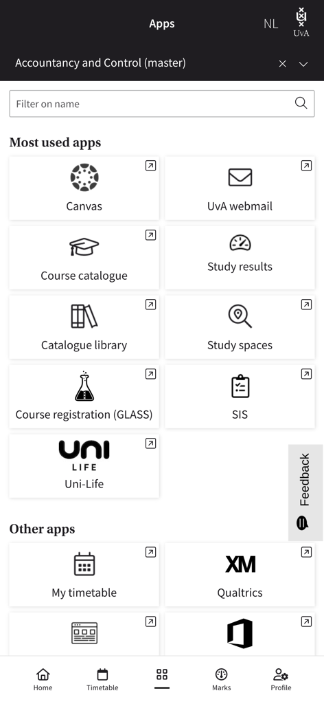 My UvA - Screen showing the My UvA app integrated services hub with links to Canvas, webmail, and study results.