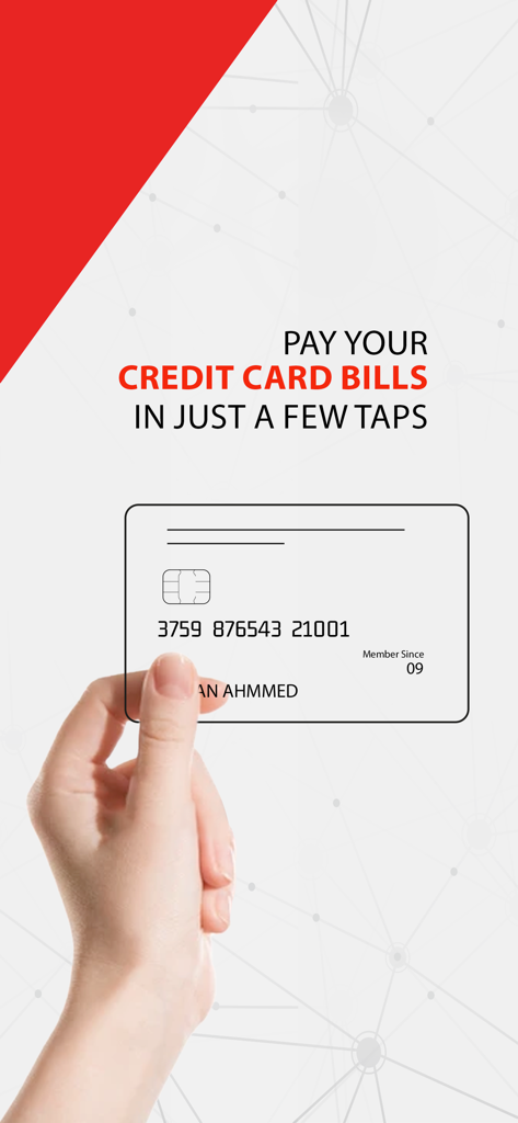 Citytouch - Promotional screen showing a hand holding a credit card with text about paying bills in a few taps on the Citytouch app