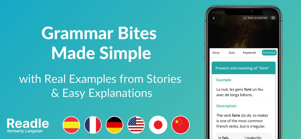 Readle: Learn Languages Daily - Gráfico de marketing para la aplicación Readle mostrando lecciones cortas de gramática con ejemplos reales y banderas de los idiomas admitidos.