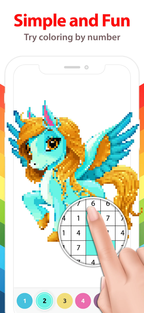 Unicorn Color by Number + - A person coloring a blue pixel art unicorn with golden hair using the color by number interface