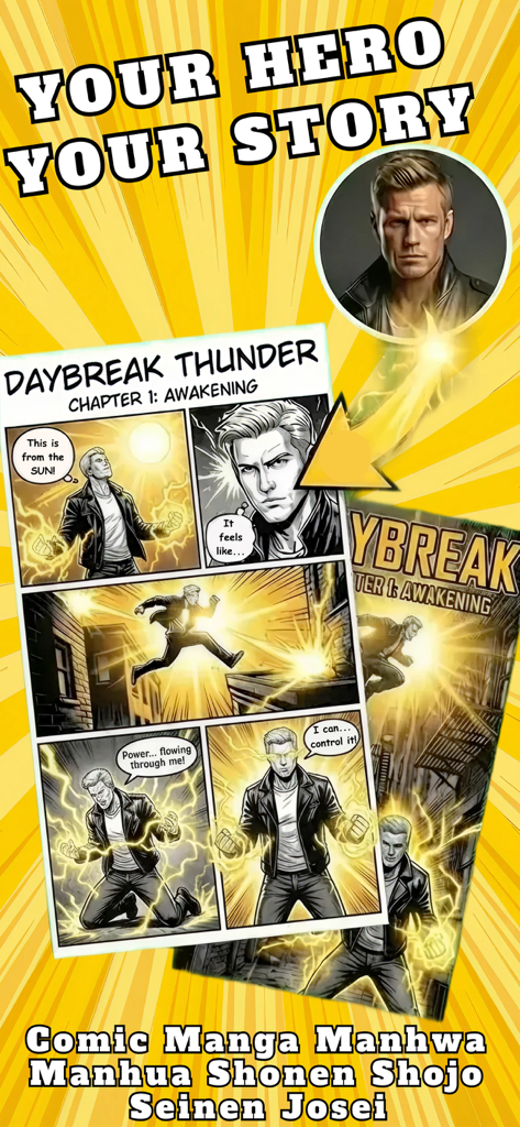 KAI webtoon comic maker - A photo of a man converted into a professional superhero comic page using AI