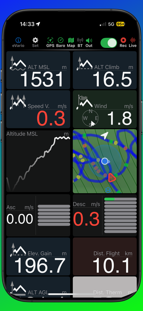 eVario2  - Variometer Pro - Panel de control de la aplicación eVario2 mostrando datos de vuelo en tiempo real para parapente, incluyendo altitud, velocidad y métricas de viento