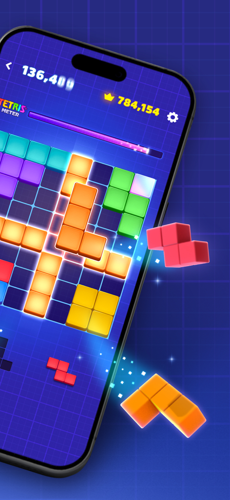 Tetris® Block Blast - iPhone上のグリッド上でカラフルなテトリミノブロックを示すテトリスブロックブラストモバイルゲームプレイ。