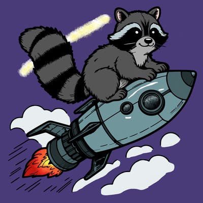 realistic raccoon flying on top rocket ship