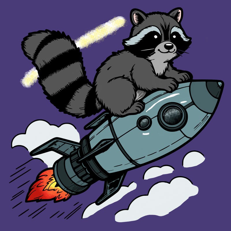 realistic raccoon flying on top rocket ship