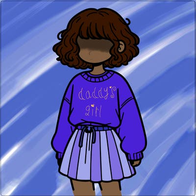 a teen with short curly hair wearing a sweatshirt and a skirt