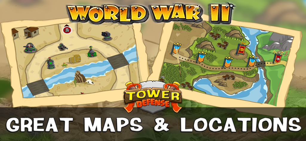 WWII Tower Defense - World War II Tower Defense game screen showing multiple maps and locations like deserts and tropical islands.