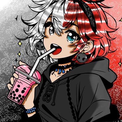 hot baddie anime girl drinking boba and biting the straw