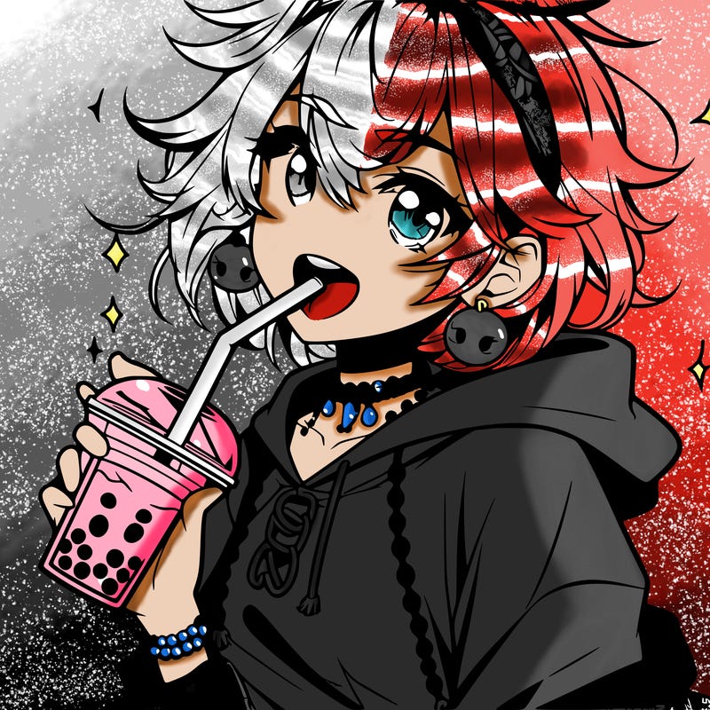 hot baddie anime girl drinking boba and biting the straw