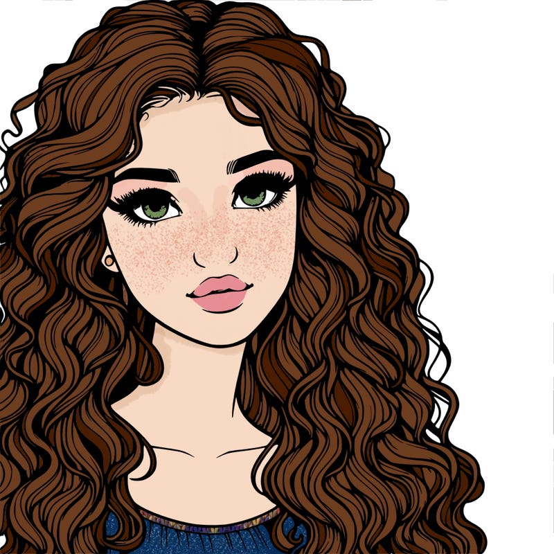 realistic girl with curly long hair and a pretty face