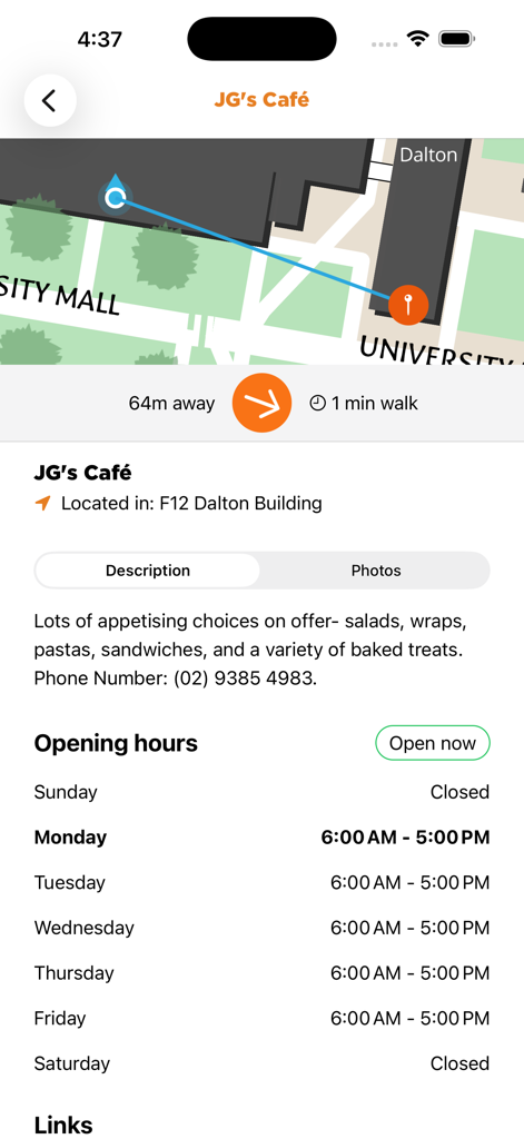 Lost on Campus app showing map location and opening hours for a university cafe