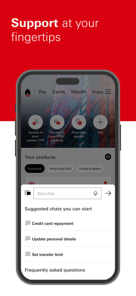 HSBC HK Mobile Banking app customer support chat interface