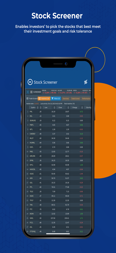 JS InvestPro - JS InvestPro mobile app stock screener interface showing Pakistani market data