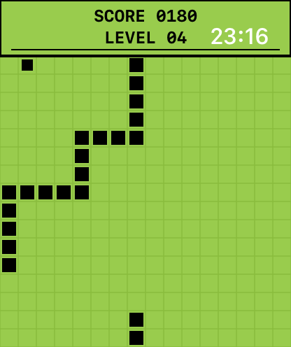 Snake Classic Watch - Classic Snake gameplay on a green pixelated screen showing a black snake, score, and level.