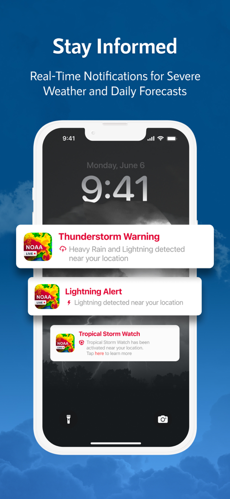 NOAA Live Weather Radar - Smartphone screen showing real-time notifications for thunderstorm warnings and lightning alerts from NOAA Live Weather Radar.