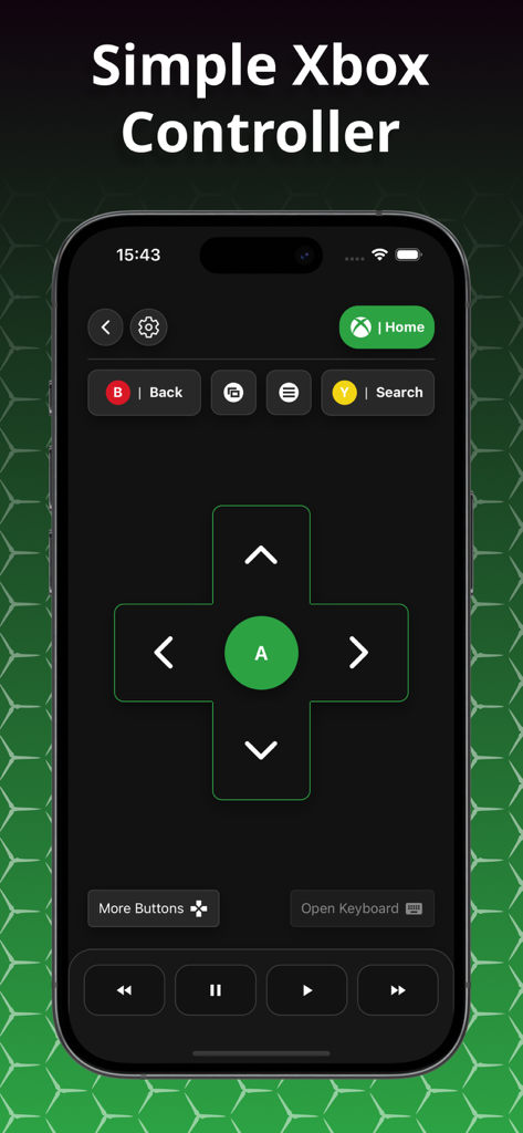 XB | Controller App For Xbox - Interface of the XB Controller app for Xbox showing a simplified digital remote on an iPhone screen.