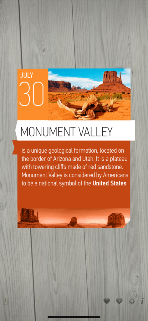 A daily digital card from the 365 Wonders of the World app featuring Monument Valley with a photo and historical description.