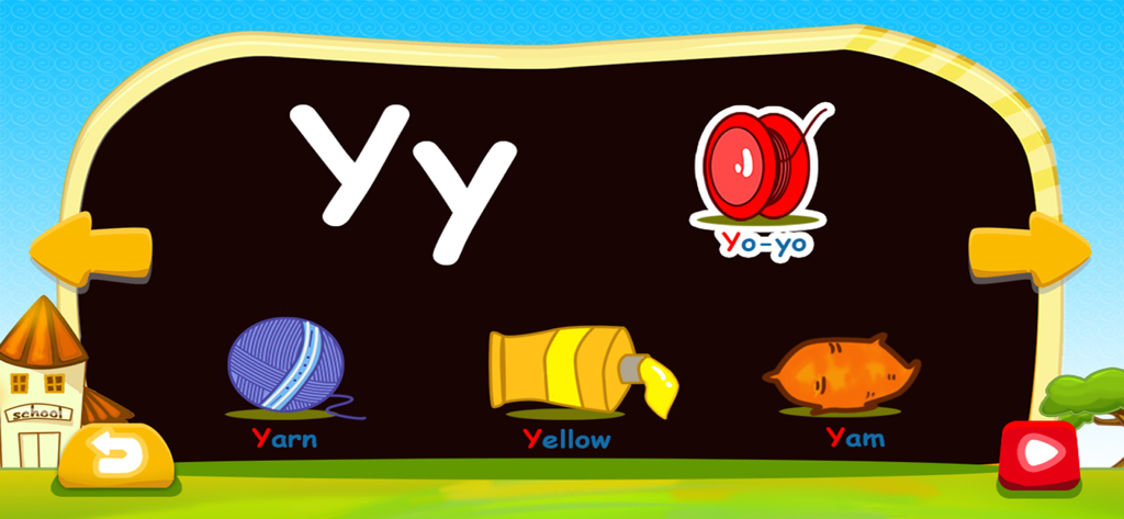 Phonics foundation - ABC Sound - Educational screen showing the letter Y with vocabulary illustrations for Yo-yo Yarn Yellow and Yam