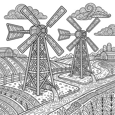 Discover the detailed beauty of agricultural life with this exquisite wind pumps coloring page. Unleash your creativity on an intricate farm scene, perfect for all ages seeking a relaxing artistic escape.