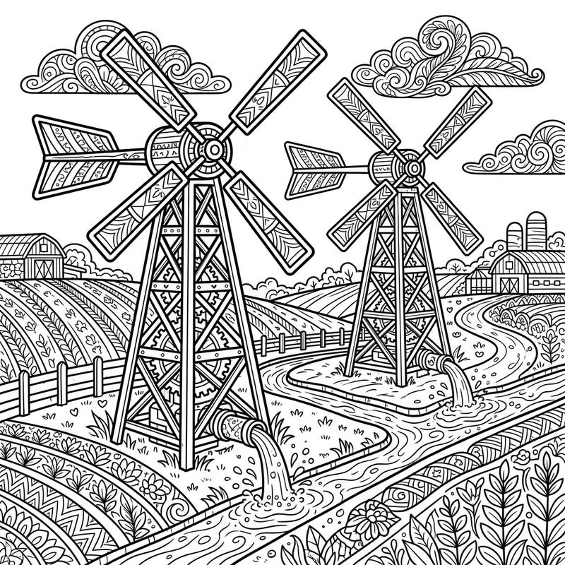 Discover the detailed beauty of agricultural life with this exquisite wind pumps coloring page. Unleash your creativity on an intricate farm scene, perfect for all ages seeking a relaxing artistic escape.