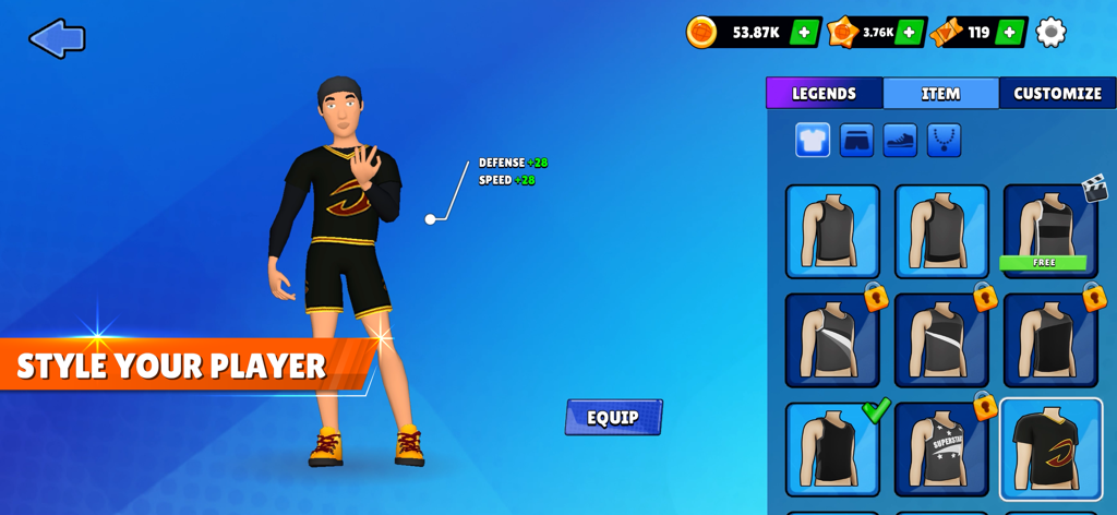 Basketball Superstars - A character customization menu in the Basketball Superstars game showing various gear options and player attributes.