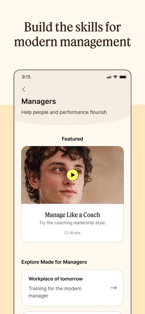 Unmind app screen showcasing management training modules like Manage Like a Coach and Workplace of Tomorrow.