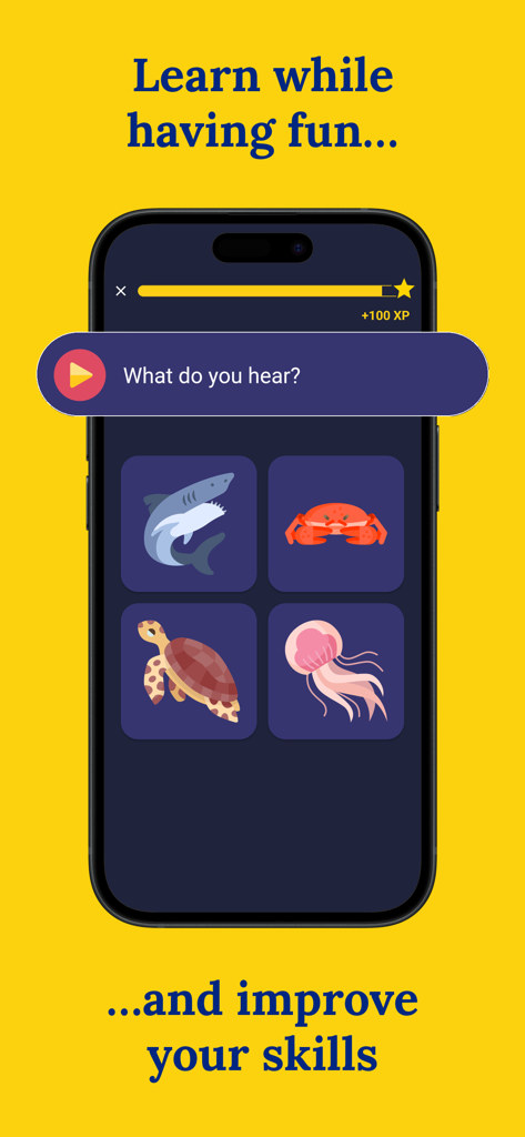 Captura de tela do aplicativo Aprenda Romeno mostrando um exercício de escuta com ícones de animais marinhos e imagens interativas.