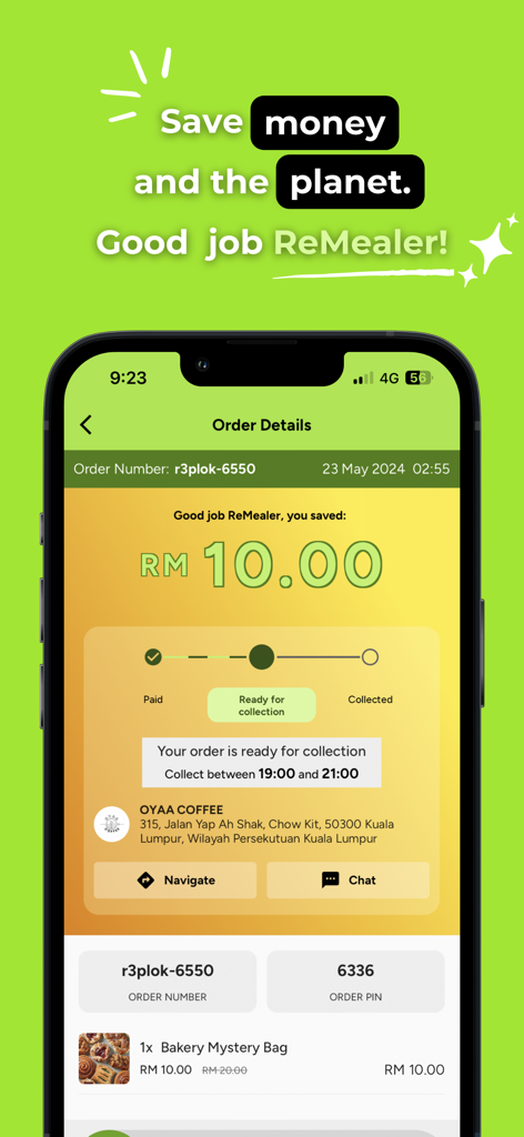ReMeal app screen showing order details for a bakery mystery bag with a collection status tracker and order pin