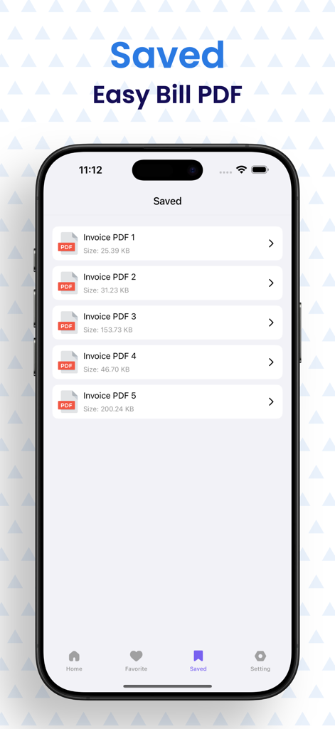 Invoice Maker – Easy Bill PDF - 請求書メーカーモバイルアプリのインターフェースに保存されたPDF請求書のリスト