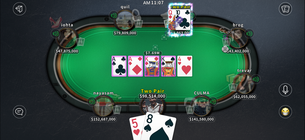 Tap Poker Social - Gameplay screen of Tap Poker Social showing a Texas Holdem table with multiple players