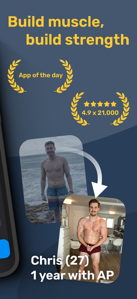 Before and after photos showing a muscle building transformation after one year of using the Alpha Progression app.