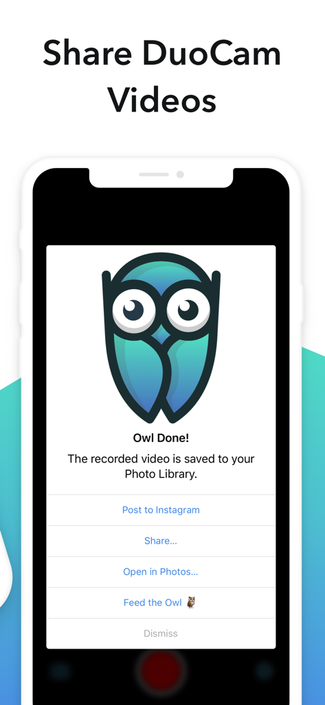 DuoCam app screen confirming video saved with sharing options to Instagram and Photos