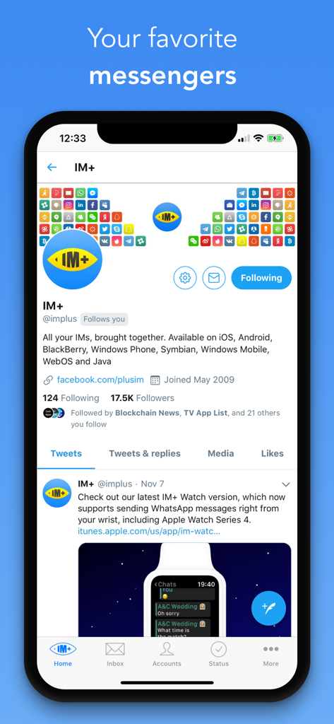 IM+ Pro Social Aggregator - Interfaz de la aplicación IM plus Pro mostrando feeds de redes sociales integrados e iconos de mensajería