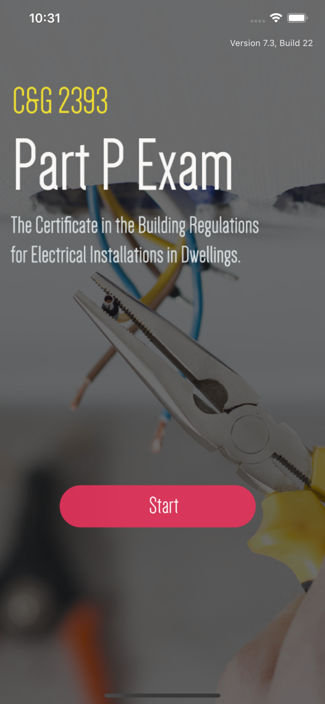 C&G 2393 Part P Exam Test - Start screen of the CG 2393 Part P Exam app featuring a red start button and electrical pliers